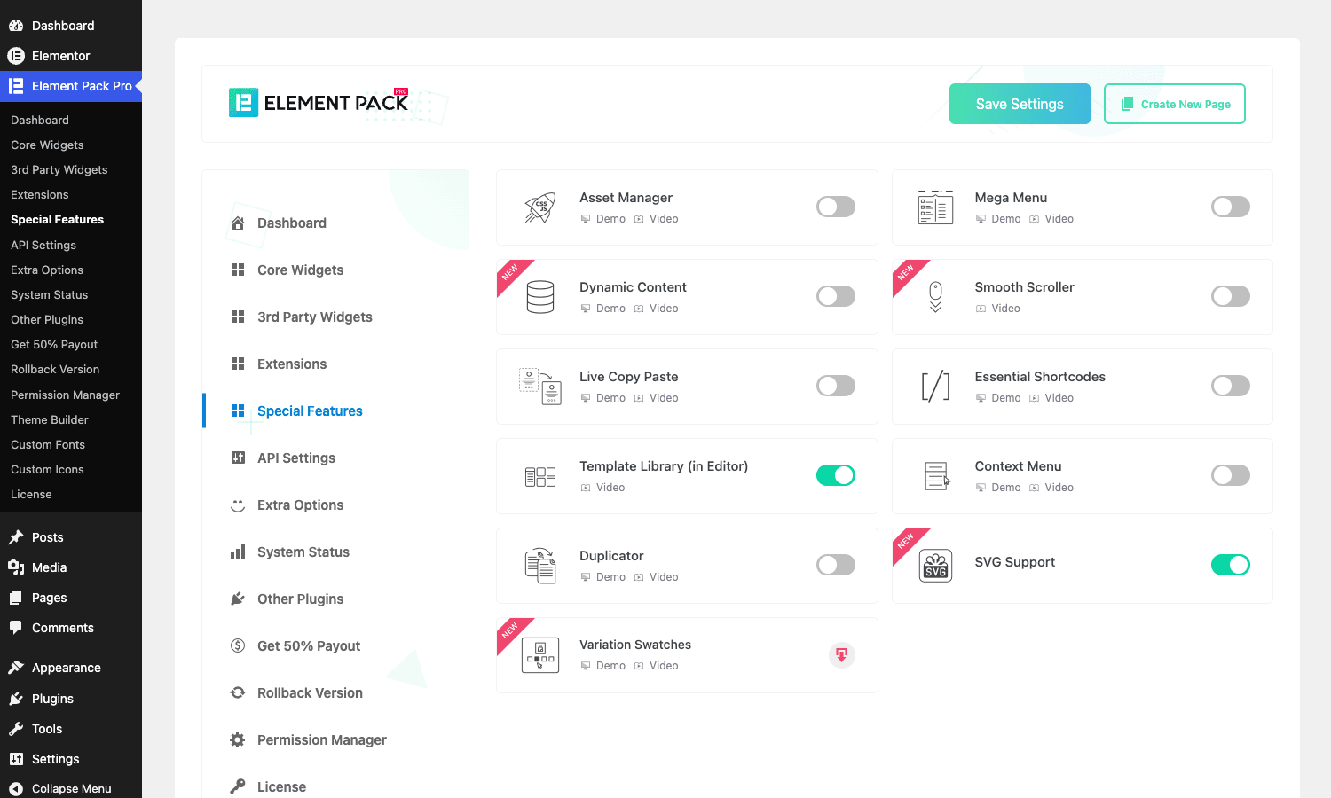 Element Pack Special Features Element Pack Special Features panel with Mega Menu, Theme Builder, Smooth Scroller toggles