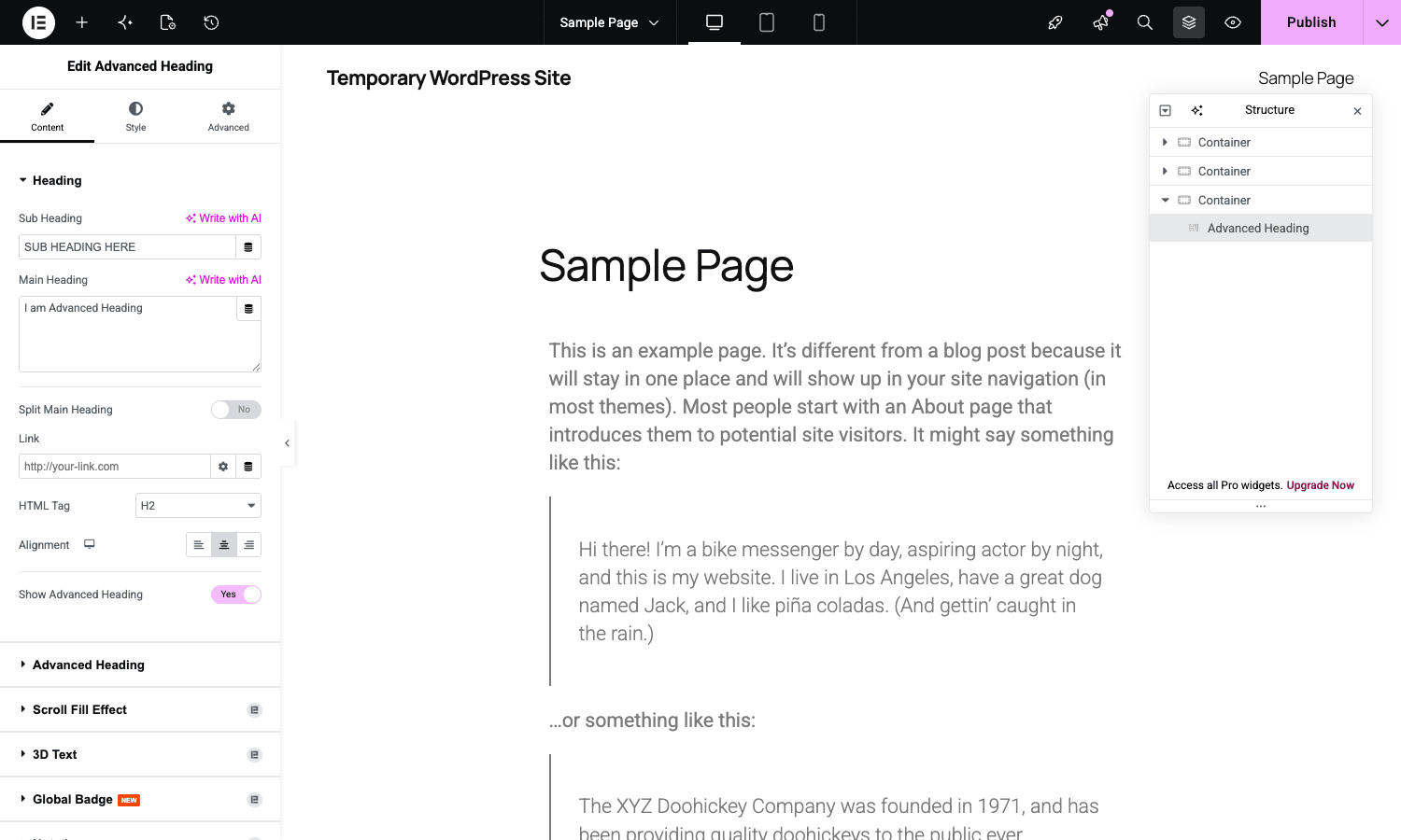 Element Pack widget configuration Element Pack widget configuration panel showing Sub Heading, Main Heading, Scroll Fill Effect controls
