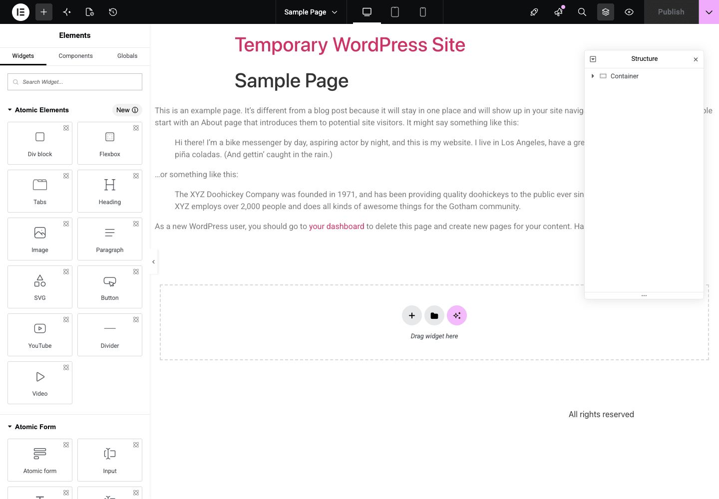 Elementor editor Elementor Pro editor with Elements panel on the left, canvas in the center, and Structure panel