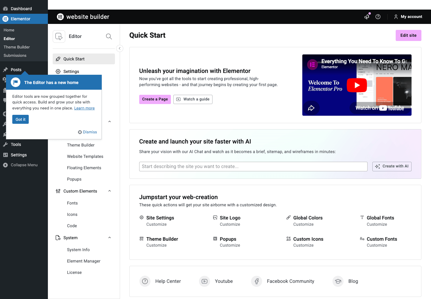 Elementor Pro Settings dashboard with Quick Start tiles and site builder navigation