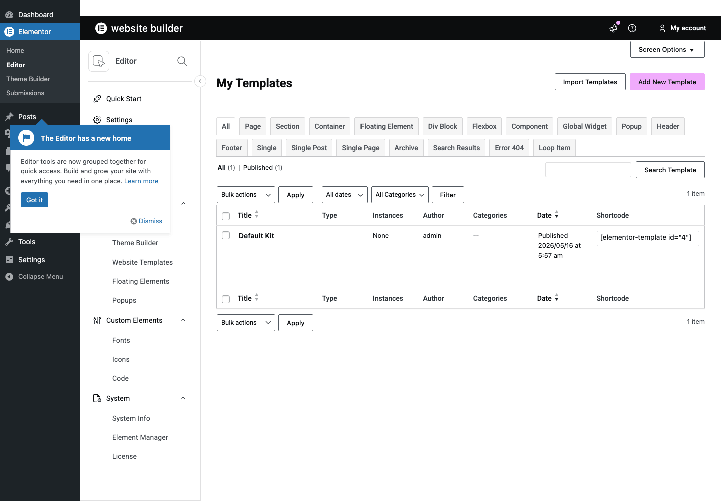 Elementor Pro Templates library with Theme Builder and saved templates