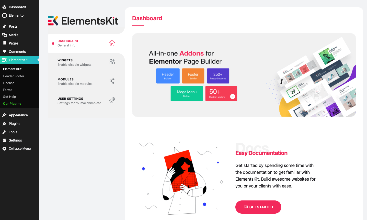 ElementsKit Pro dashboard ElementsKit dashboard inside WordPress admin showing the brand splash, four-feature highlight blocks (Header, Footer, Mega Menu, Custom Addons) and a docs CTA panel.