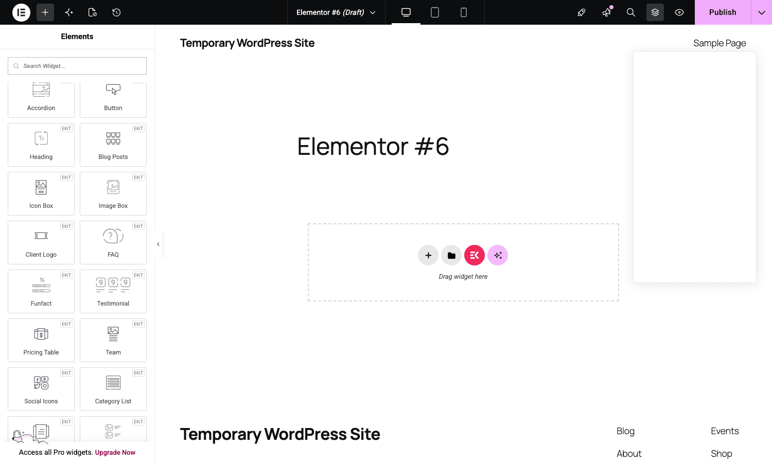 ElementsKit widgets inside the Elementor editor panel Elementor editor canvas with the left sidebar showing the ElementsKit widget category expanded - widgets like Accordion, Heading, Blog Posts, Icon Box, Image Box, FAQ, Pricing Table, Team, Funfact, Testimonial, Social Icons and Category List each tagged with an EKIT badge.