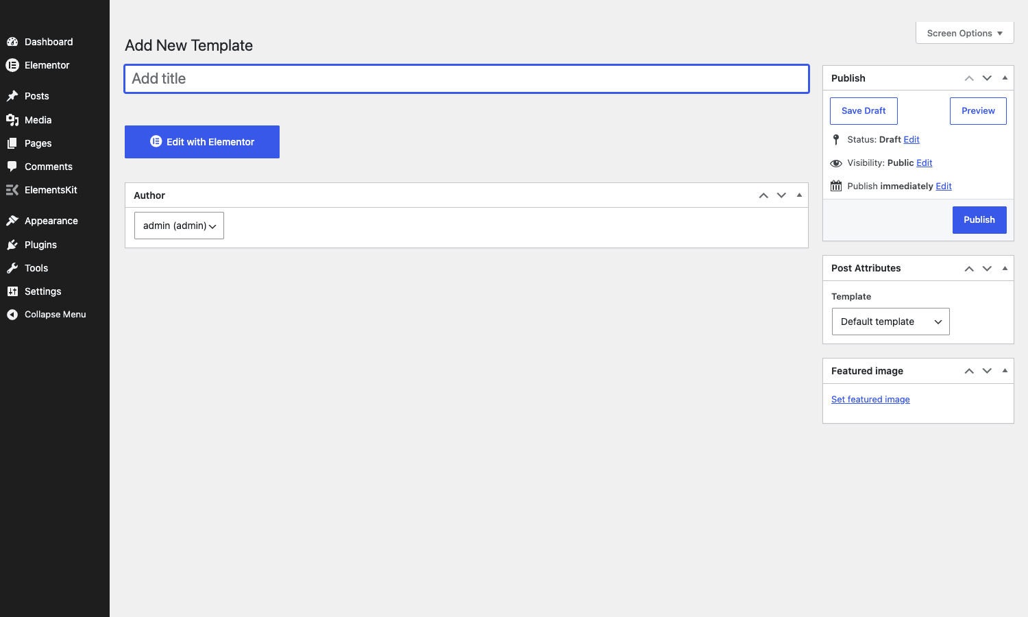 Creating a new ElementsKit Header Footer template New Header Footer template editor in WP admin showing the title input, "Edit with Elementor" launch button, Post Attributes meta box, and Featured Image sidebar.