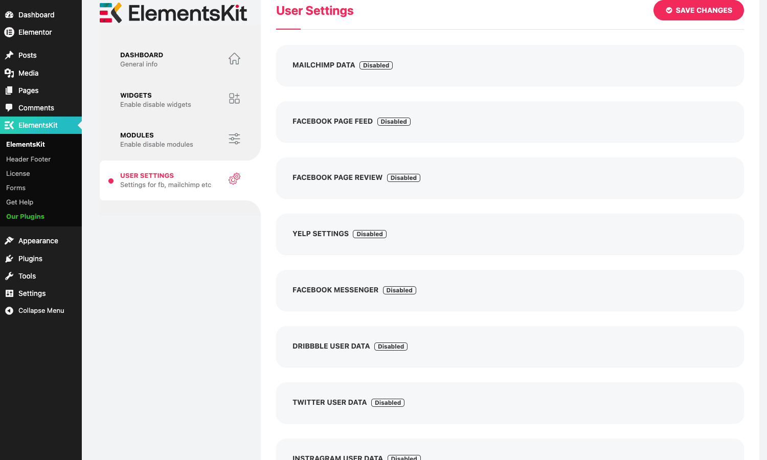 ElementsKit User Settings tab for social-platform API credentials ElementsKit User Settings panel showing collapsible sections for Mailchimp Data, Facebook Page Feed, Facebook Page Review, Yelp Settings, Facebook Messenger, Dribbble User Data, Twitter User Data and Instagram User Data - each marked Disabled until credentials are added.