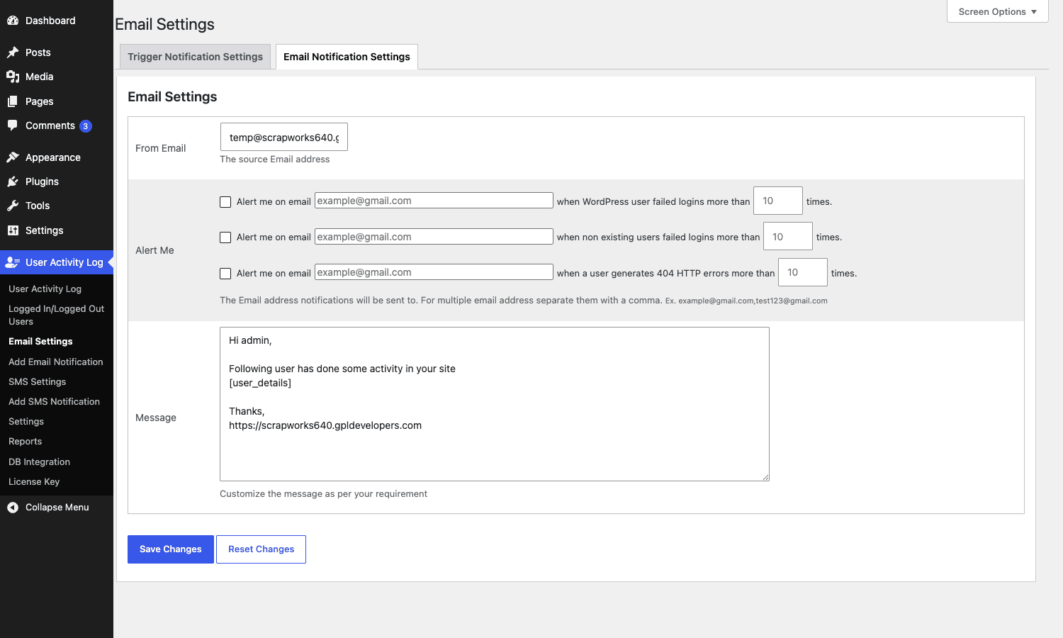 User Activity Log Pro email notification settings Email notification settings overview