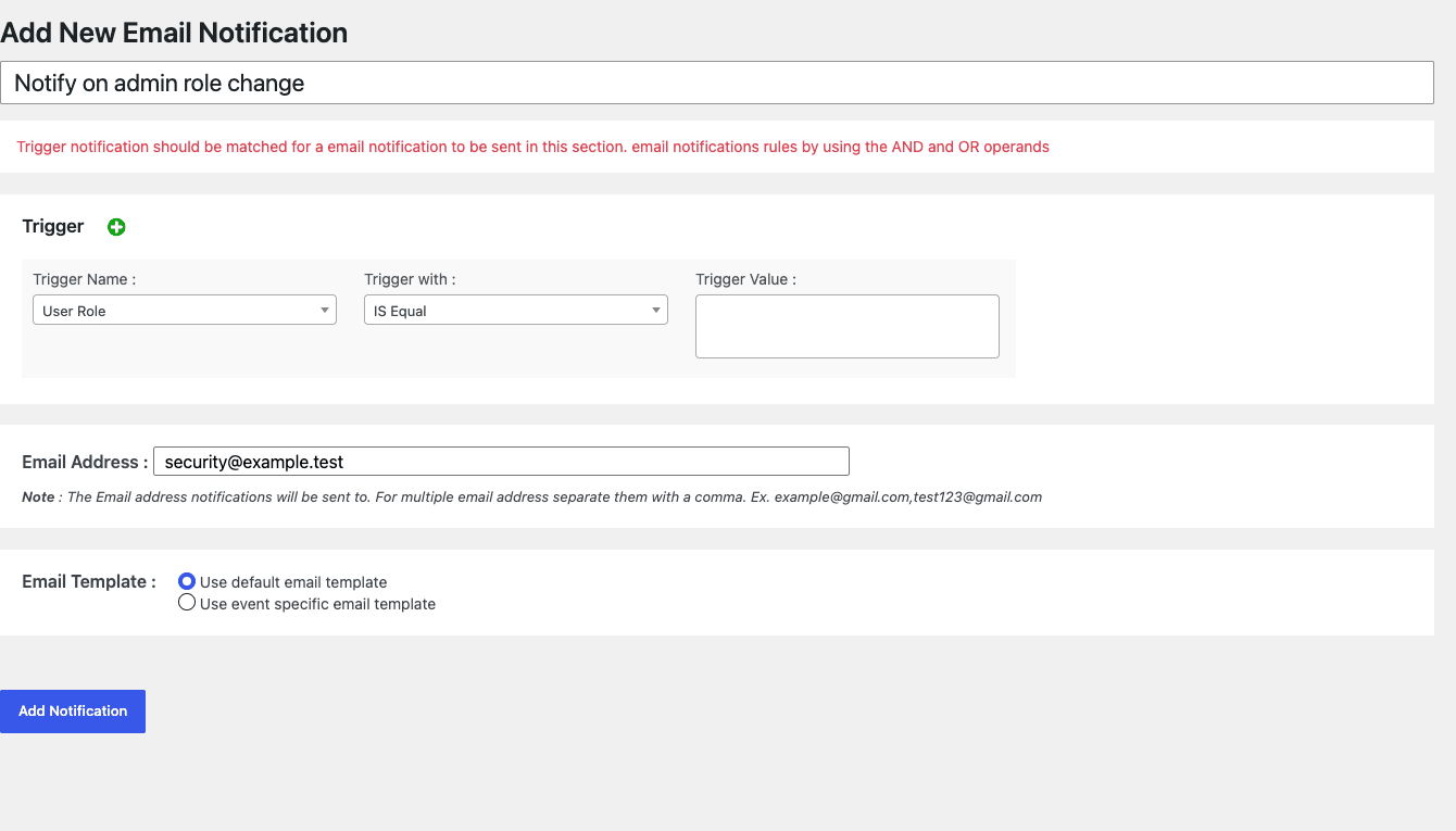 User Activity Log Pro email rule creation Adding a single email notification rule for a specific event trigger