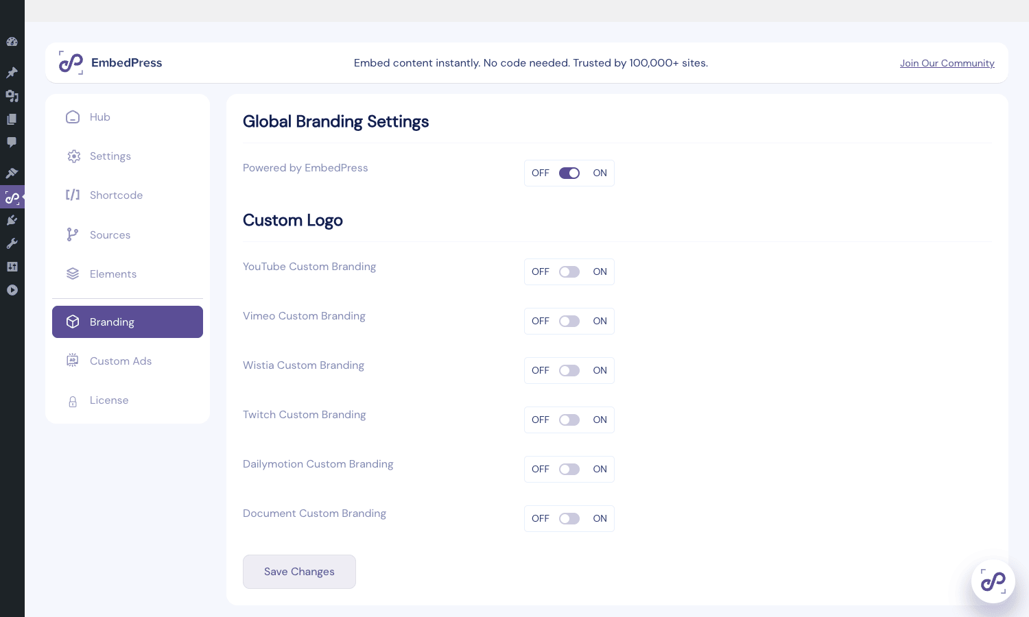 Custom branding overlay configuration EmbedPress Branding tab showing per-source custom logo toggles for YouTube, Vimeo, Wistia, Twitch, Dailymotion, and Document