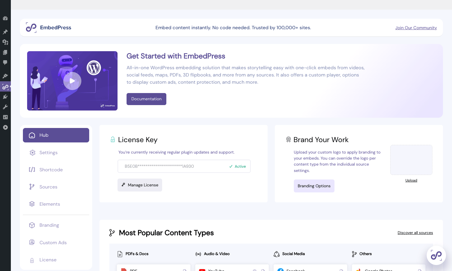 EmbedPress Pro dashboard EmbedPress Pro dashboard with quick-start tiles, license status, and Most Popular Content Types