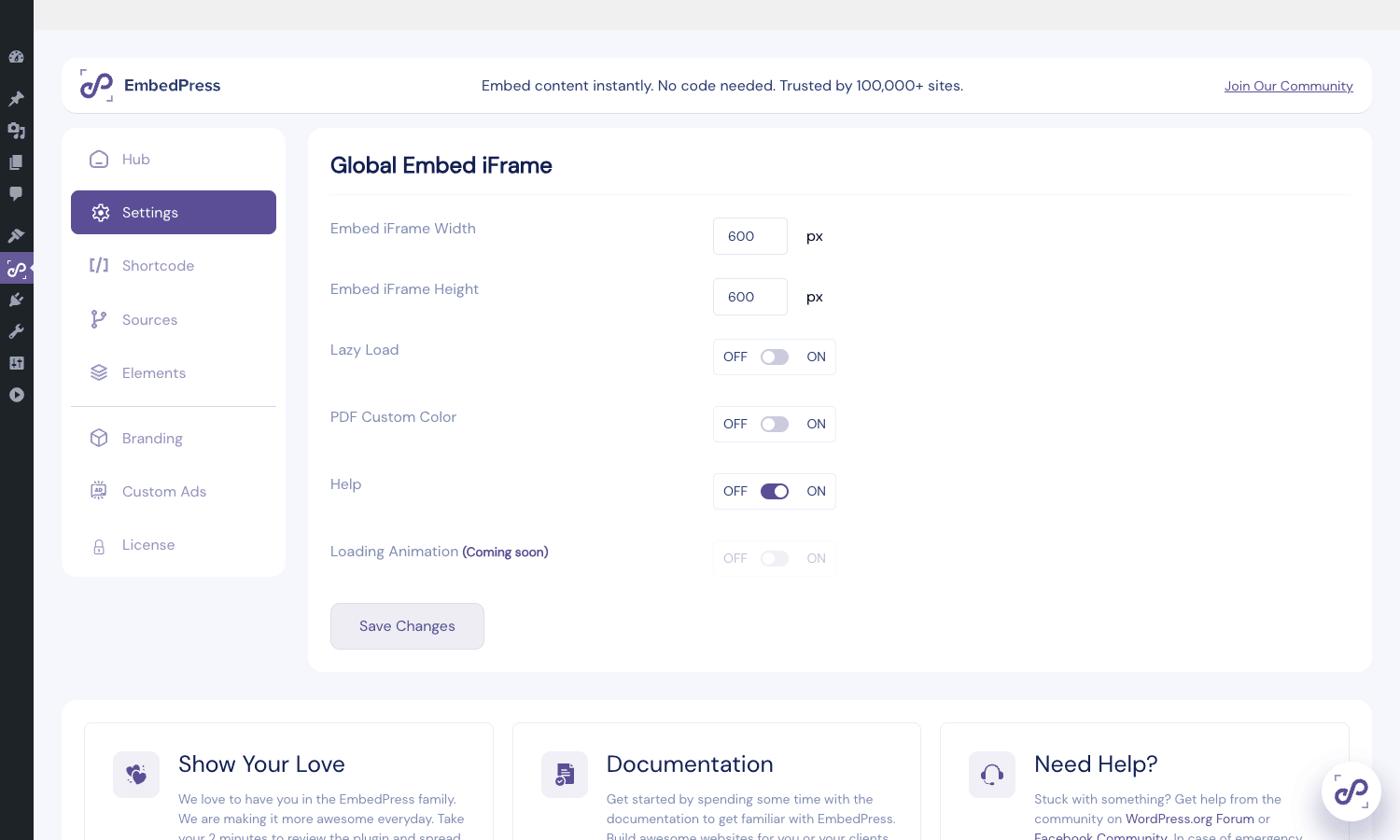 Global iframe and lazy load settings EmbedPress global settings tab with iFrame width/height and Lazy Load toggle