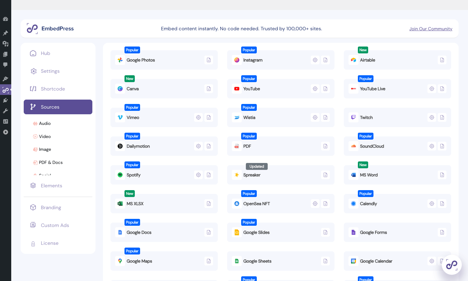 All supported sources at a glance EmbedPress Pro Sources tab showing a card grid of supported platforms with Popular/New/Updated badges