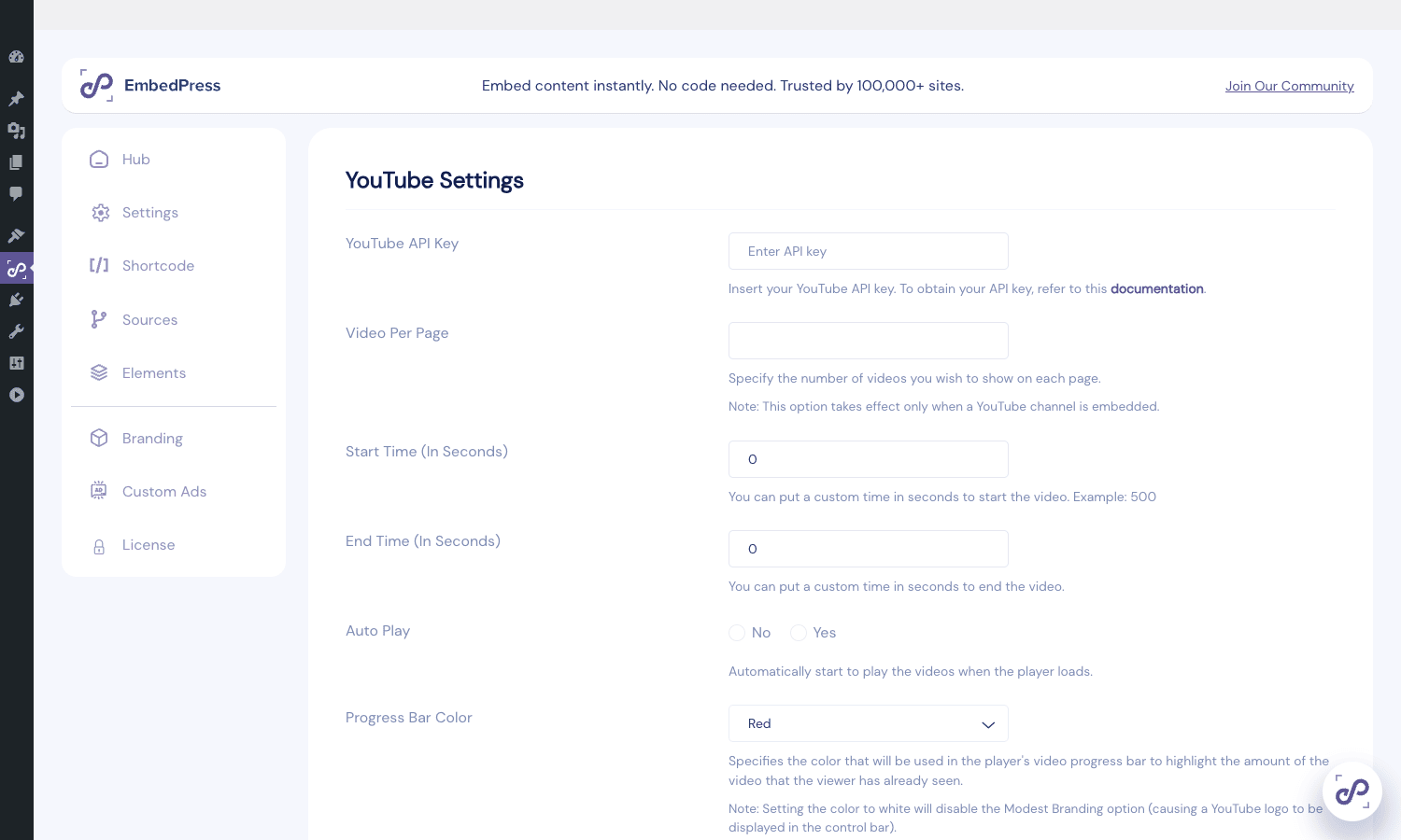 Per-source settings for YouTube EmbedPress YouTube per-source settings panel with API Key, video-per-page, start/end time, autoplay, progress bar color