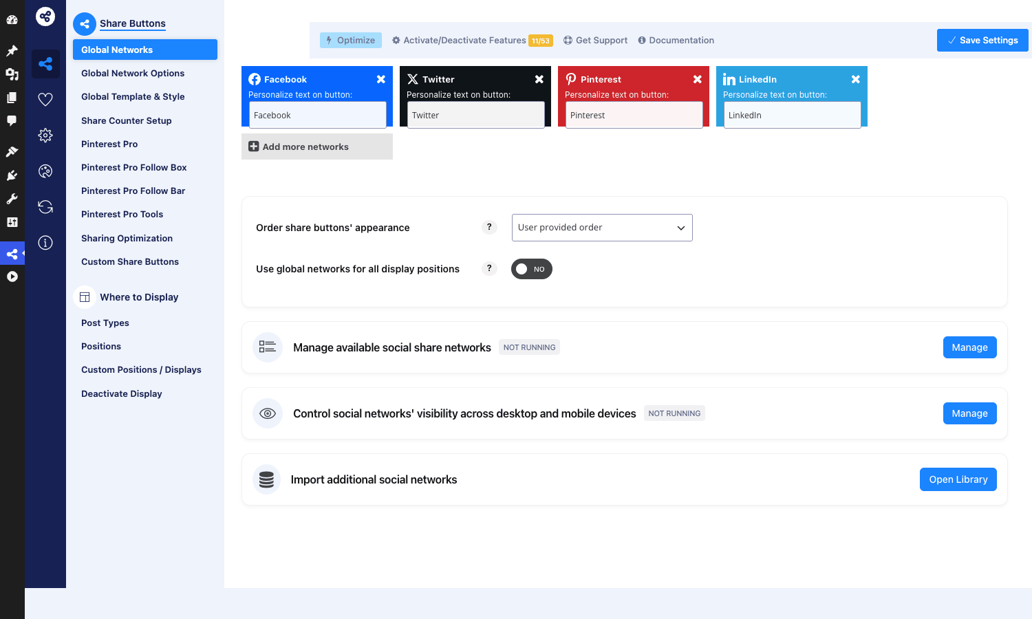 ESSB Global Networks panel Easy Social Share Buttons for WordPress main settings dashboard showing Facebook, Twitter, Pinterest, LinkedIn network configuration