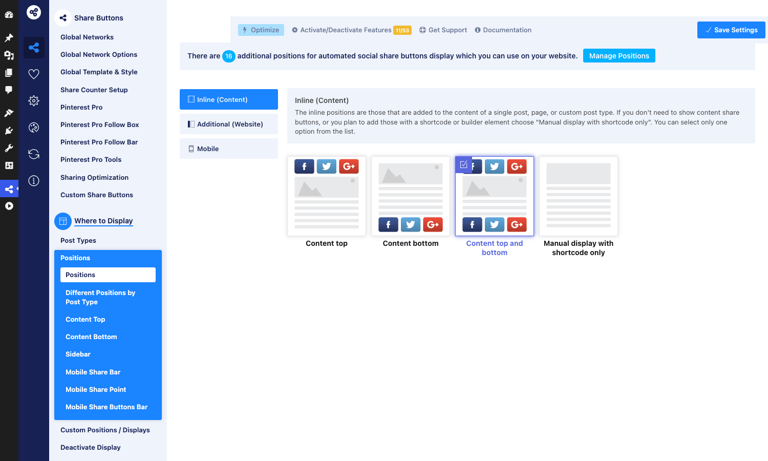 Position picker for share bar placement ESSB Positions configuration showing inline and additional positions with visual cards for Content top, Content bottom, Content top and bottom, Manual display and floating Sidebar