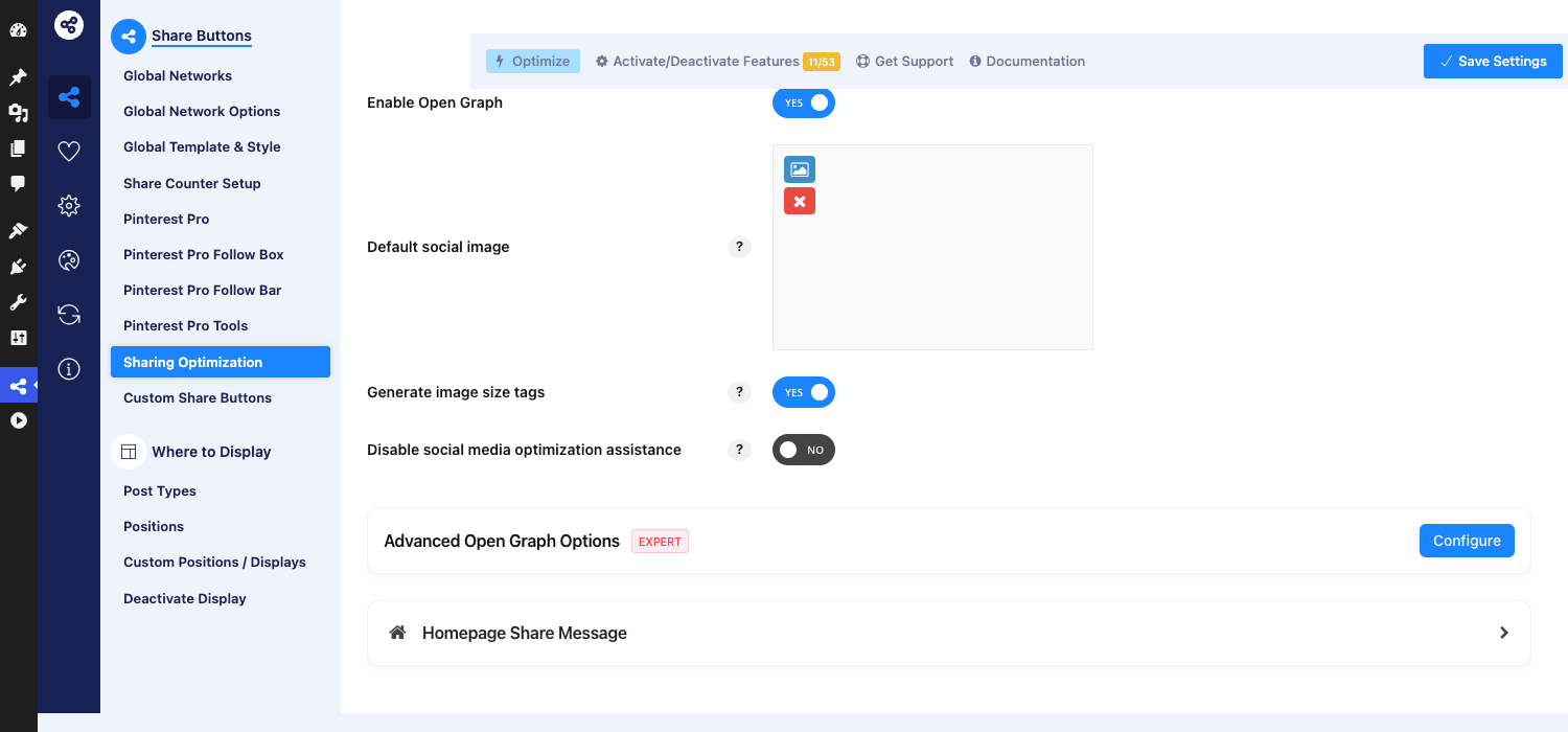 OpenGraph and Twitter Card settings ESSB Sharing Optimization panel with Open Graph enable toggle, default social image, image size tags and homepage share message