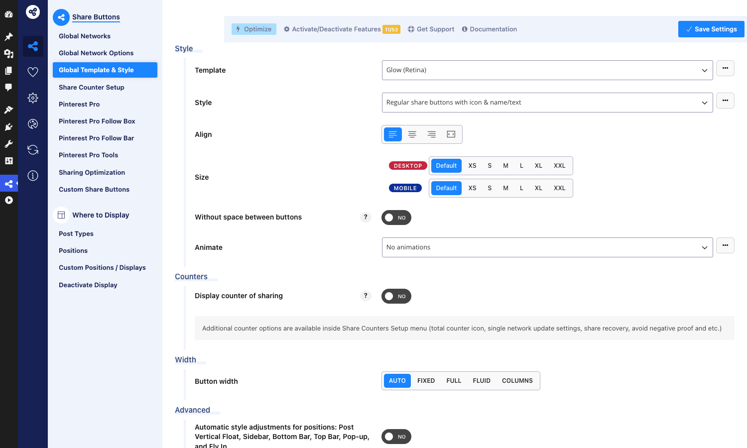 Template, style, size, alignment and animation controls ESSB Global Template and Style panel showing button template, style, alignment, size, animation and counter settings