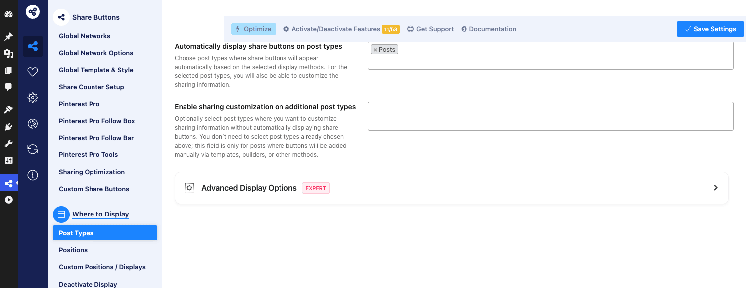 Per-post-type share button toggle ESSB Where to Display Post Types panel showing Posts selected and Advanced Display Options expert toggle