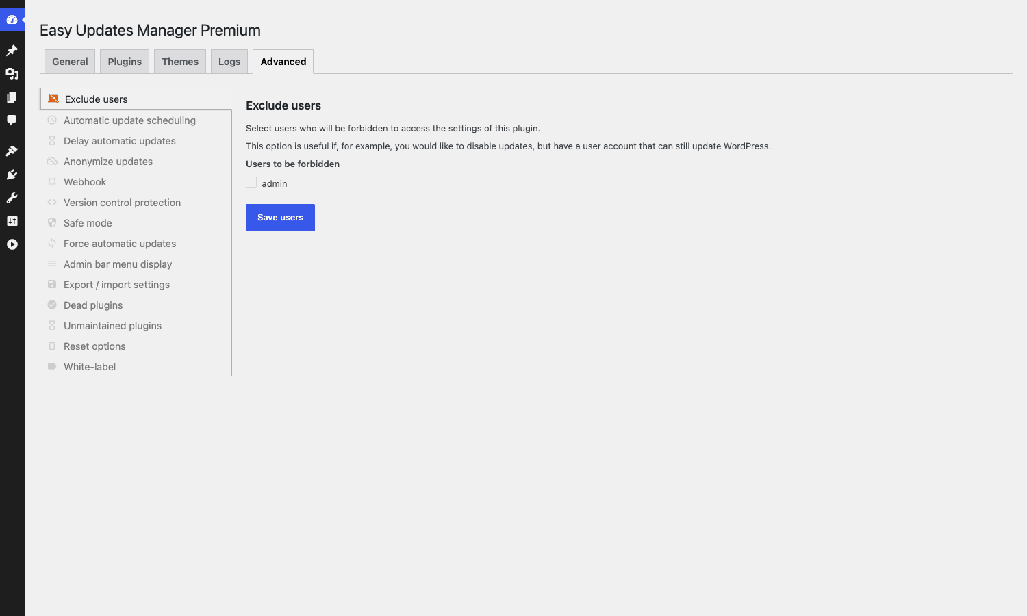 Advanced tab feature menu Easy Updates Manager Premium Advanced tab showing the 15-panel premium feature menu including scheduling, delay, safe mode, webhook, and white-label