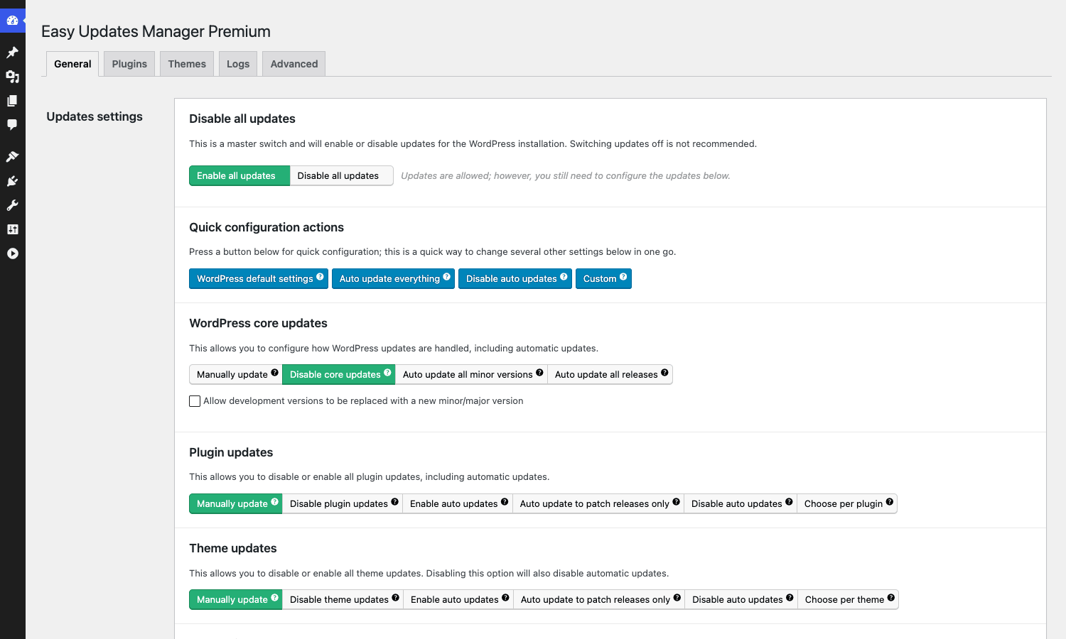 General tab Easy Updates Manager Premium General tab showing core, plugin, theme, and translation toggles with WordPress core updates set to disabled