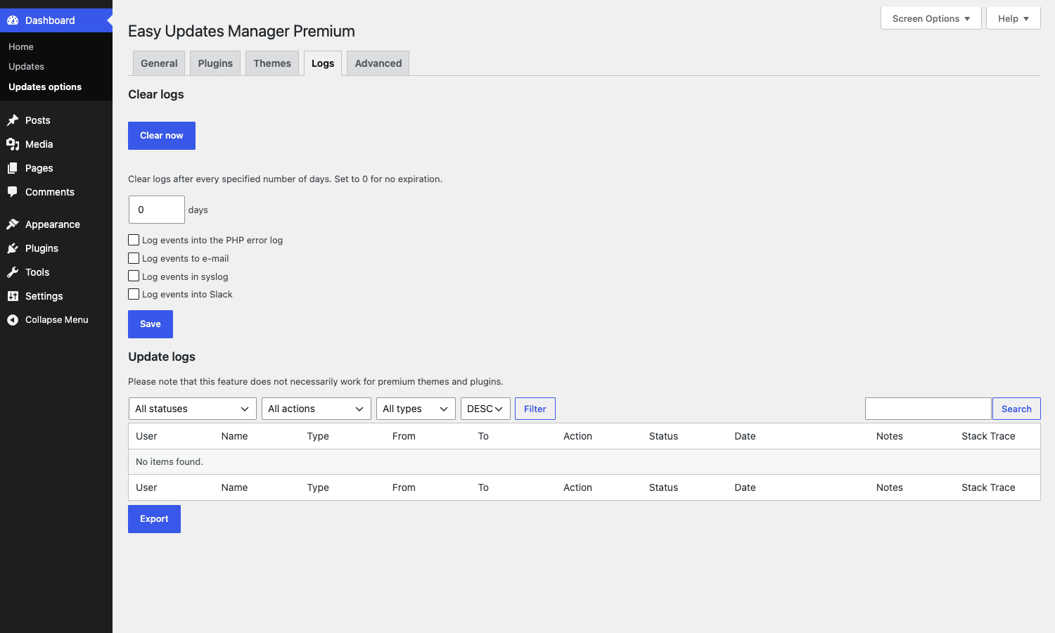 Easy Updates Manager Logs tab Easy Updates Manager Logs tab with clear-logs schedule, four external logger toggles, and the filterable update log table