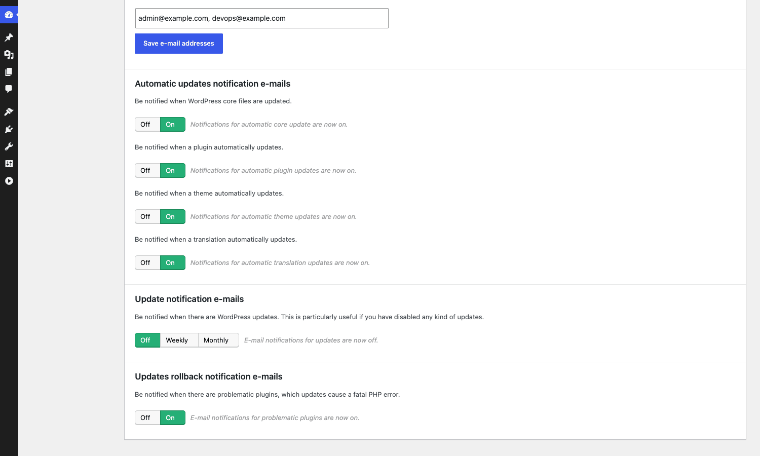 Notification email setup Easy Updates Manager Premium notification email configuration with admin and devops addresses populated and per-event toggles enabled