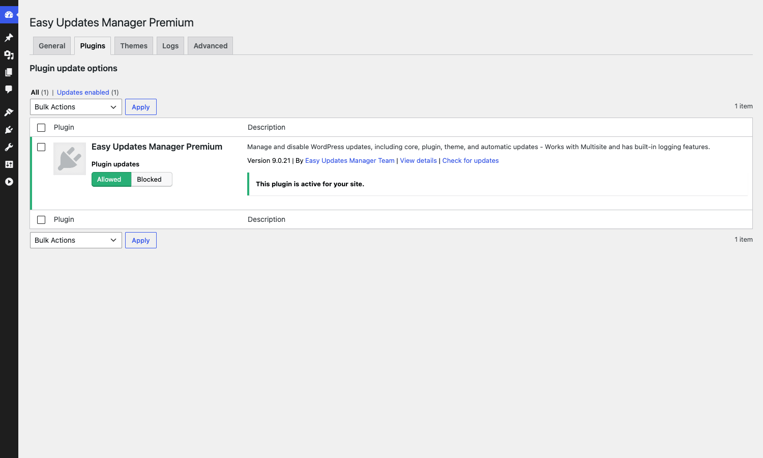 Per-plugin allow / block grid Easy Updates Manager Premium Plugins tab showing per-plugin Allowed/Blocked update toggles