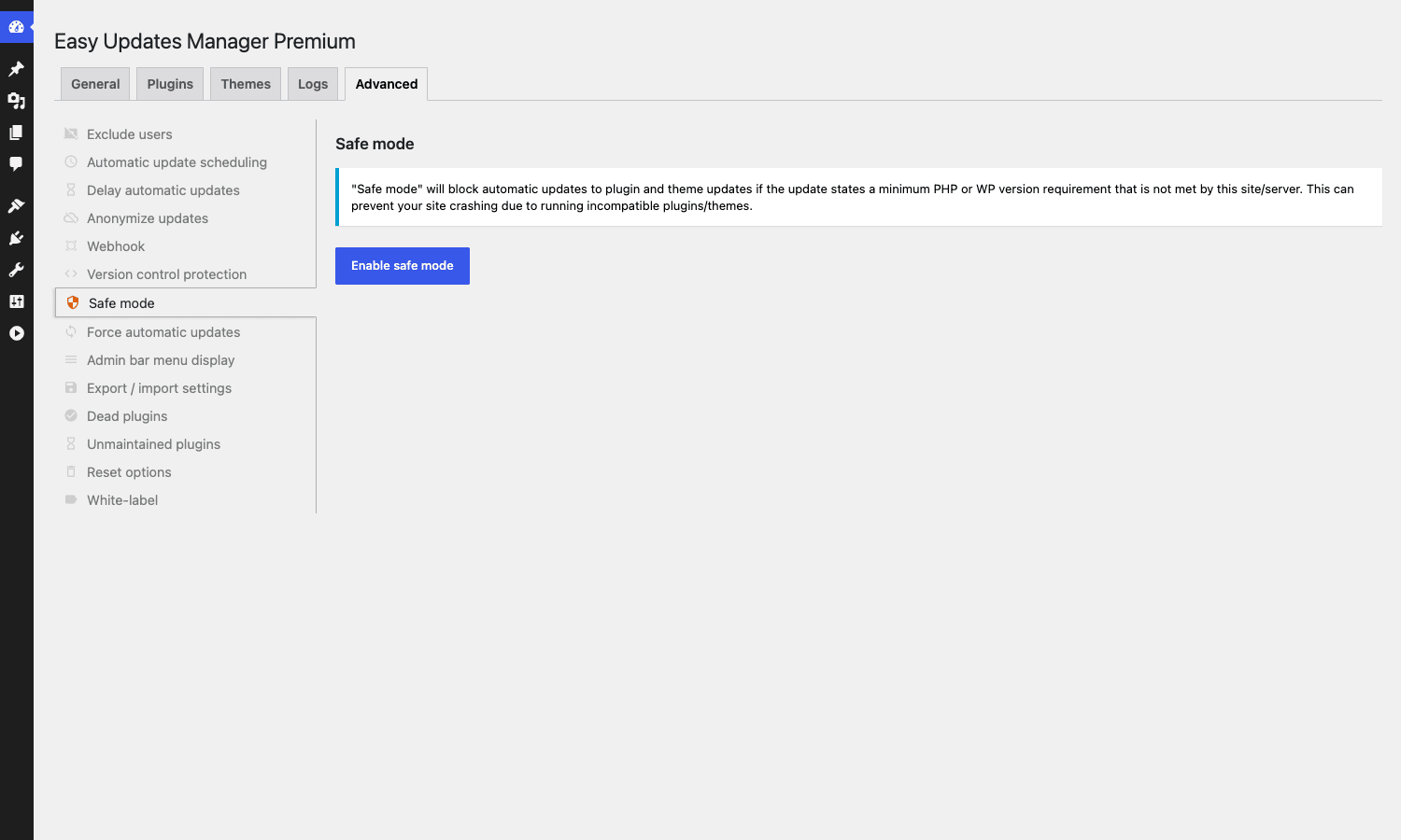 Safe mode Easy Updates Manager Premium safe mode panel with the Enable safe mode button