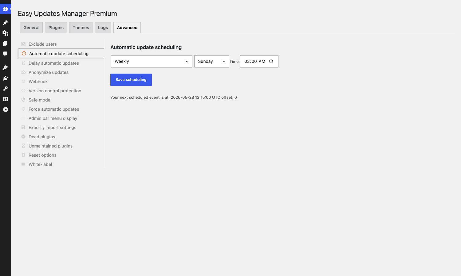 Custom update schedule Easy Updates Manager Premium automatic update scheduling configured for weekly runs on Sunday at 03:00 AM