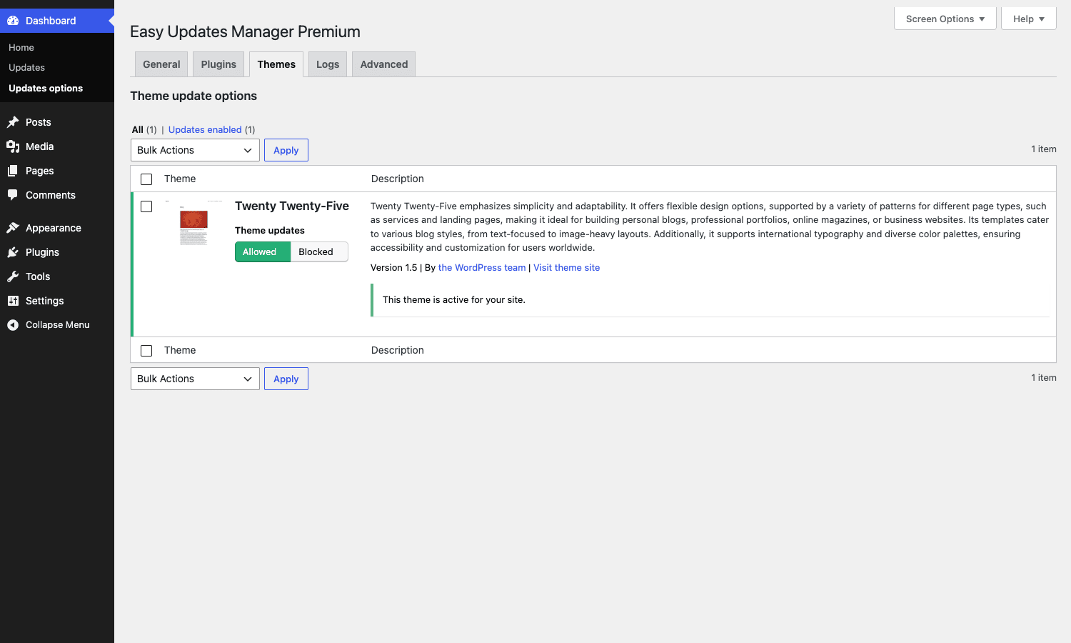 Easy Updates Manager Themes tab Easy Updates Manager Themes tab showing the active theme with Allowed/Blocked update toggle
