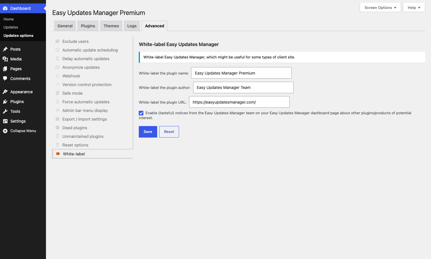 Easy Updates Manager White-label Easy Updates Manager Premium White-label settings letting agencies rebrand the plugin name, author, and URL