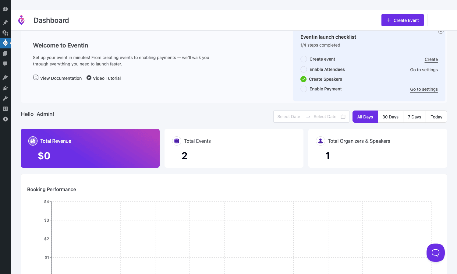 Eventin Pro dashboard Eventin Pro dashboard with launch checklist, revenue cards, and booking performance chart