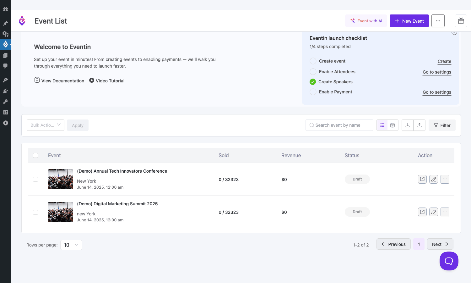 Eventin Pro event list Eventin Pro event list showing two demo events with sold count, revenue, status, and quick actions