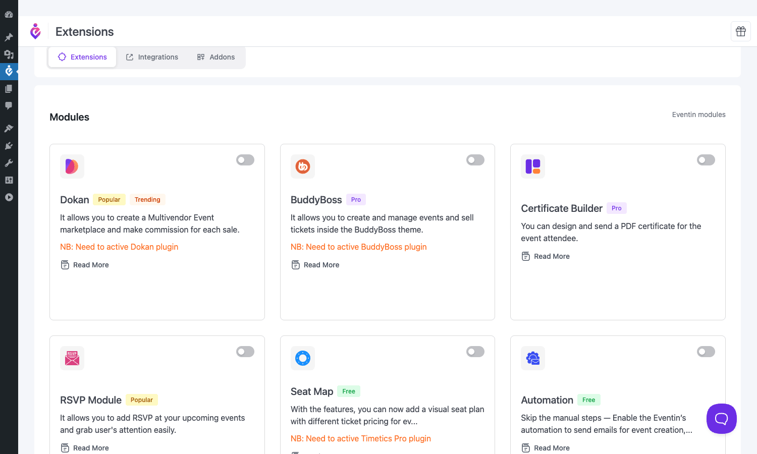 Eventin Pro extensions modules Eventin Pro extensions tab with module toggles for Dokan, BuddyBoss, Certificate Builder, RSVP Module, Seat Map, and Automation
