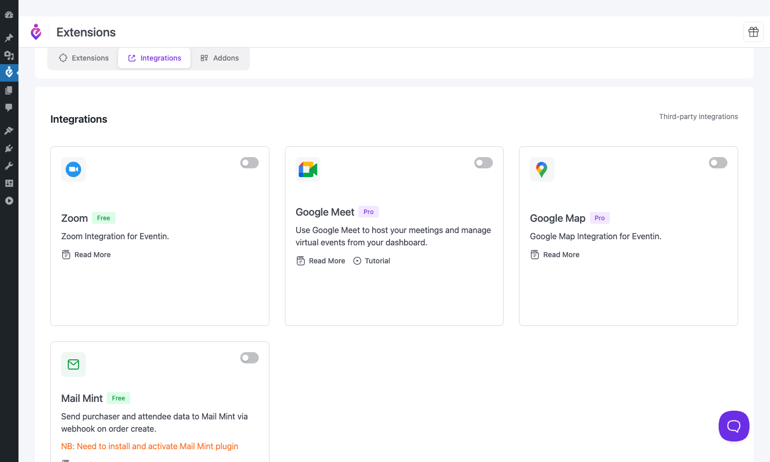Eventin Pro integrations Eventin Pro integrations tab with Zoom, Google Meet, Google Map, and Mail Mint integration cards
