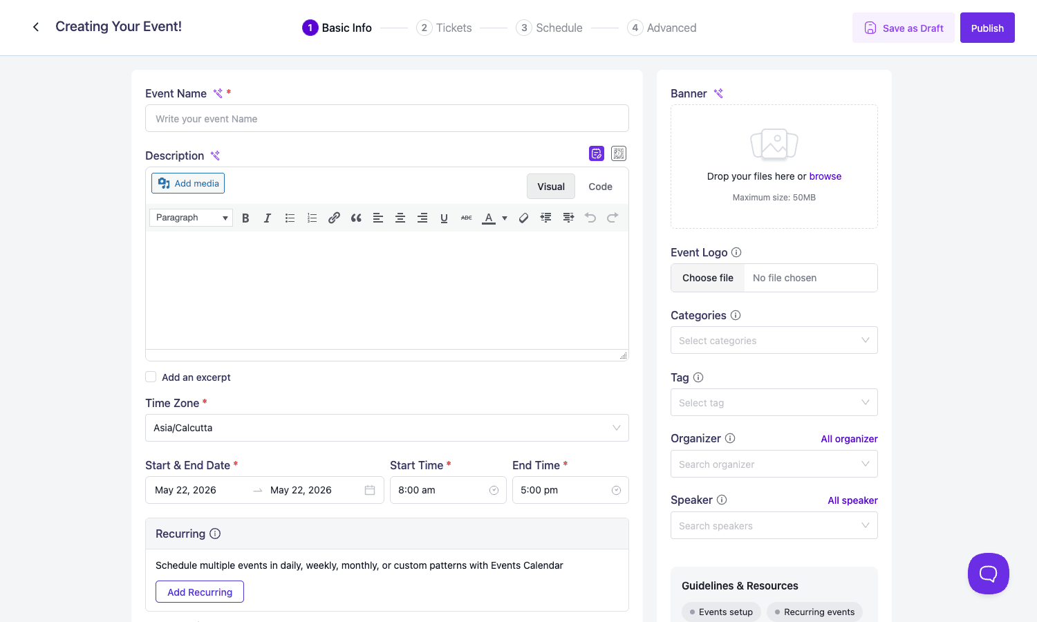Eventin Pro new event basic info step Eventin Pro event creation wizard step one with event name, description, dates, organizer, speaker, recurring options