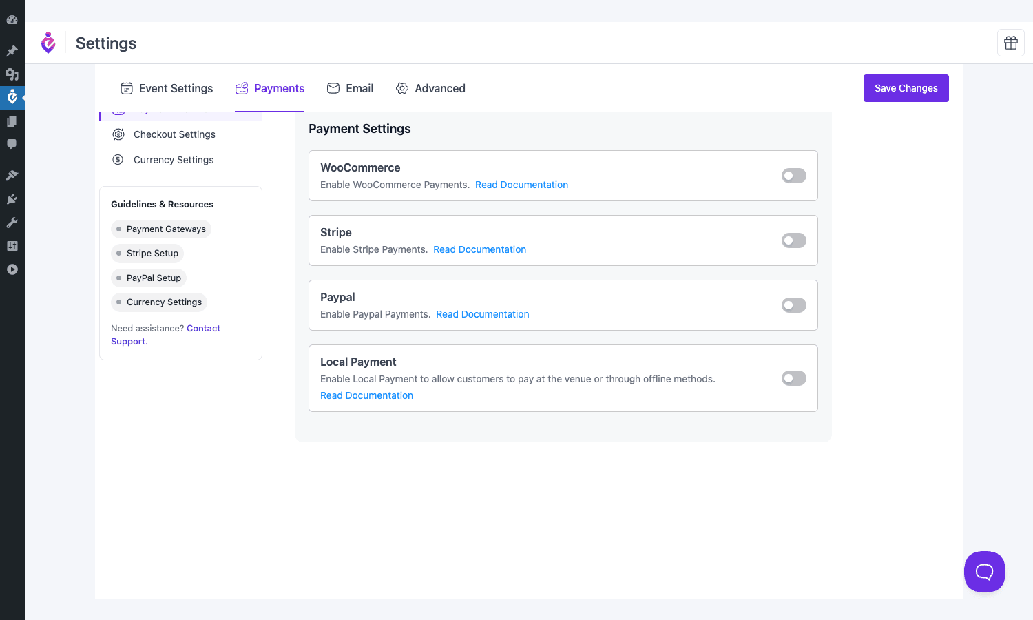 Eventin Pro payment settings Eventin Pro payment settings with WooCommerce, Stripe, PayPal, and Local Payment toggles