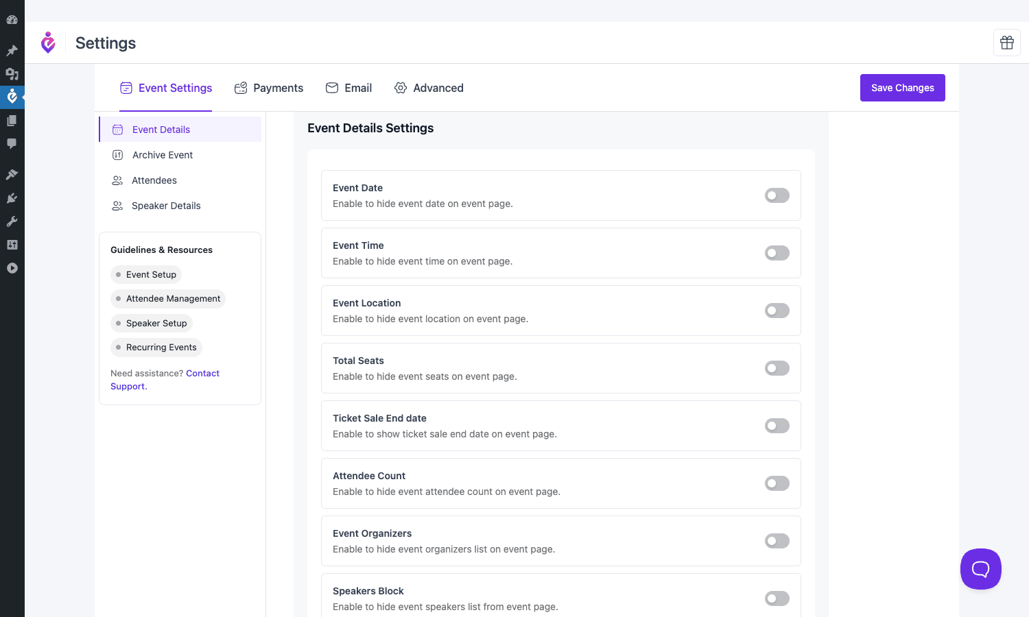 Eventin Pro event details settings Eventin Pro general settings showing event details toggle list and guidelines panel