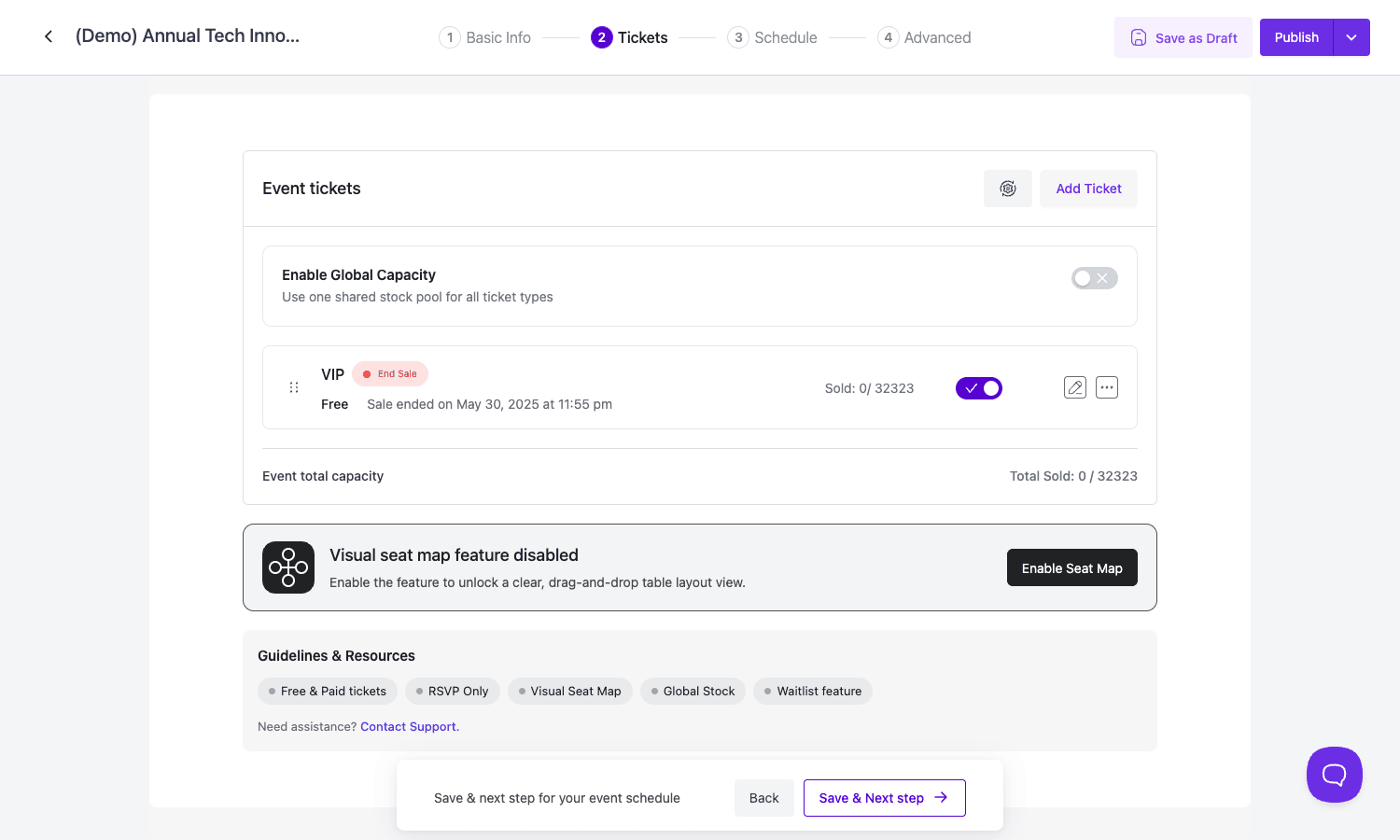 Eventin Pro tickets step Eventin Pro tickets step with VIP ticket variation, global capacity toggle, and seat map upsell