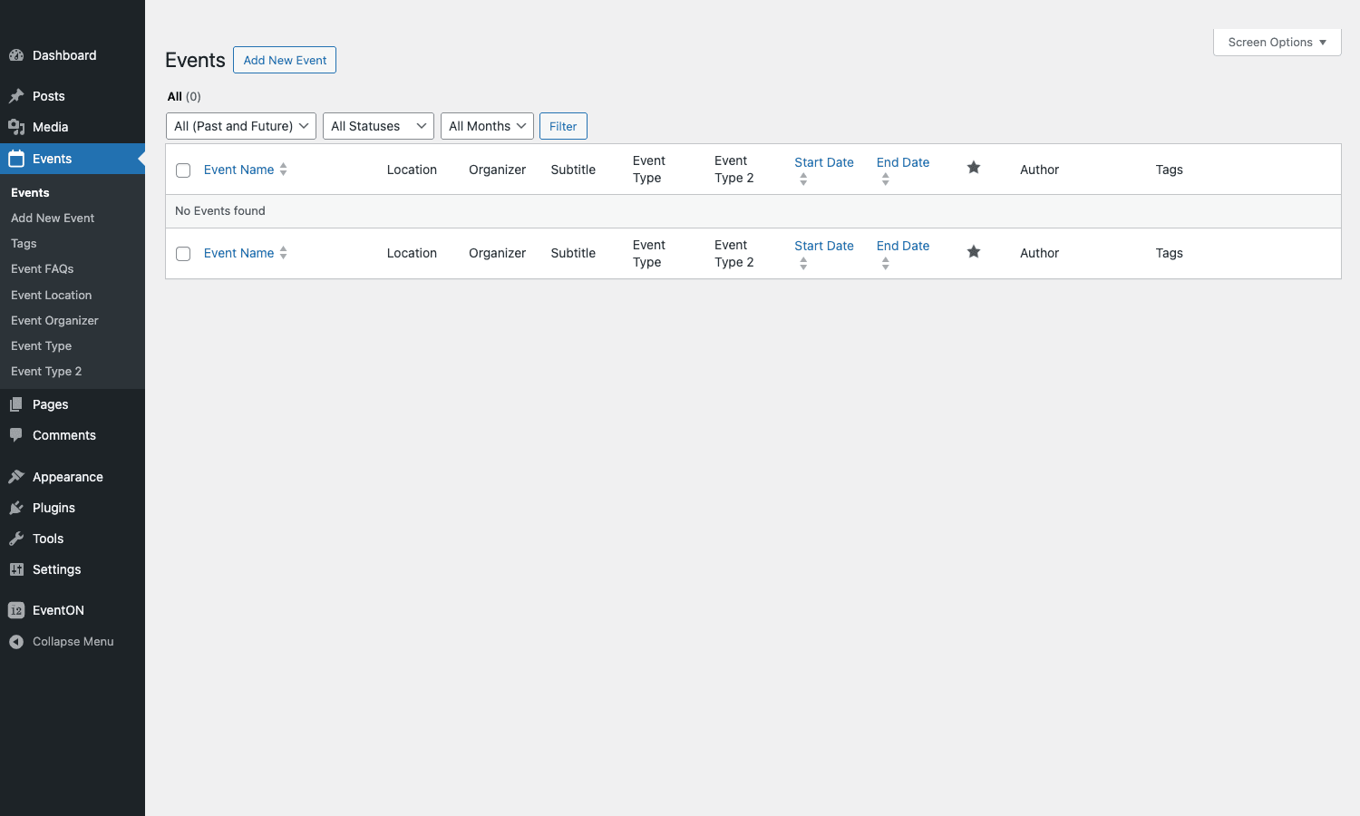 EventON events list in WordPress admin EventON admin events list with filters for past/future, status, month