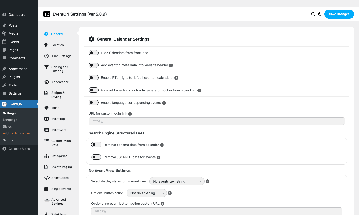 EventON Settings page EventON Settings page showing General Calendar Settings with toggle switches