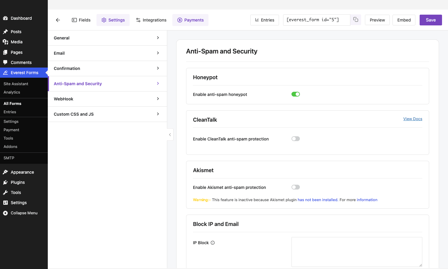 Everest Forms Pro anti-spam settings Everest Forms Pro anti-spam and security settings with honeypot, CleanTalk, and Akismet