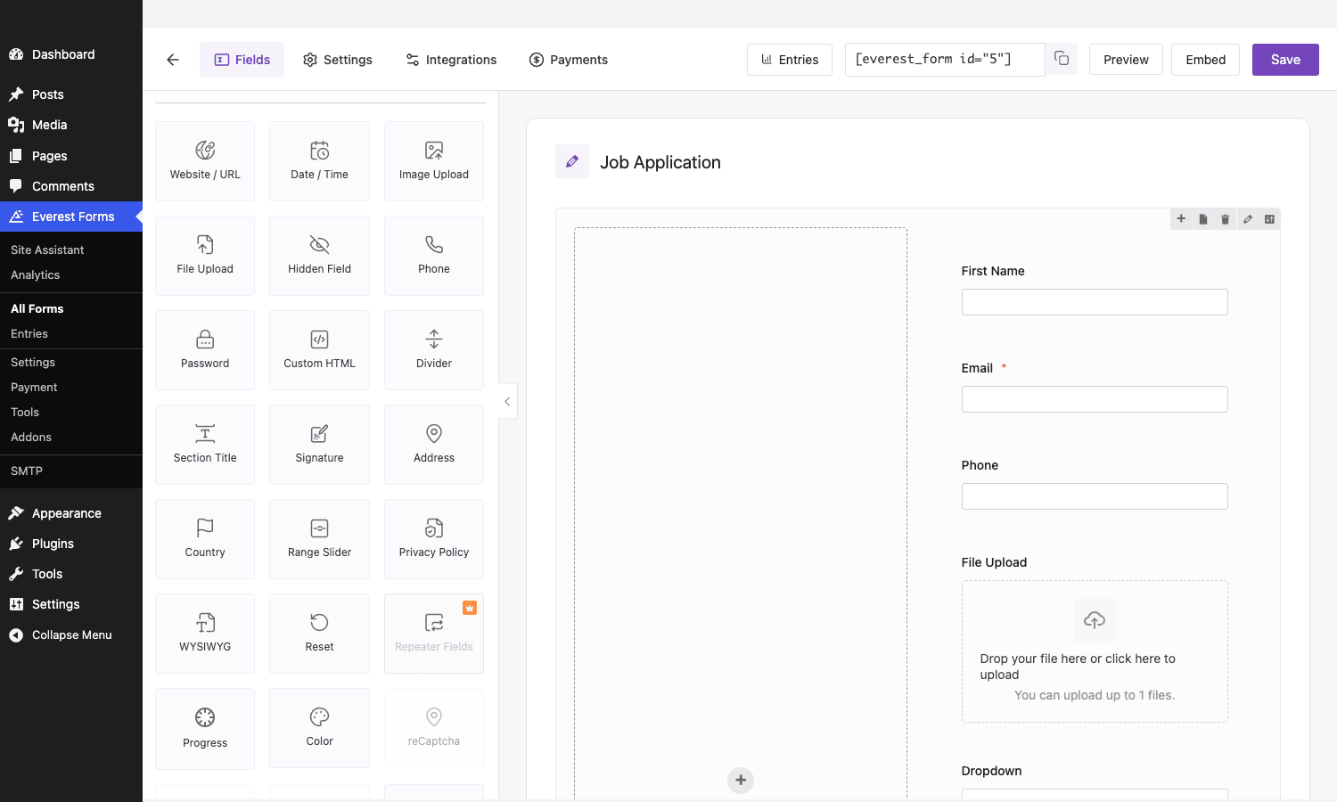 Everest Forms Pro form builder Everest Forms Pro drag-and-drop form builder showing the Pro field palette and a live job application form canvas