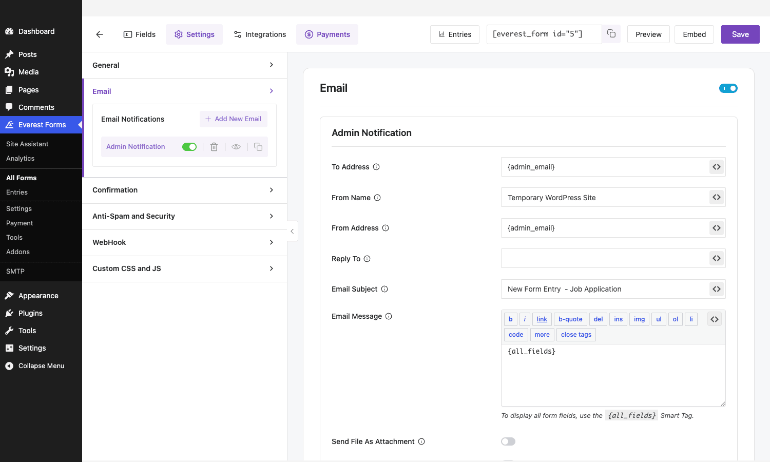 Everest Forms Pro email notifications Everest Forms Pro email notification settings with multiple notifications and smart tags
