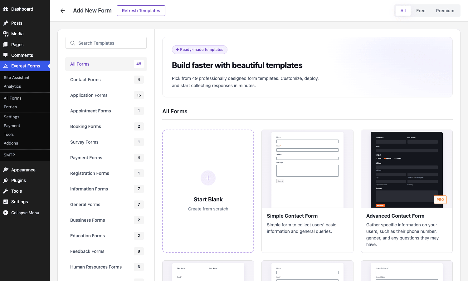 Everest Forms Pro template gallery Everest Forms Pro new form template gallery with categorized starting templates