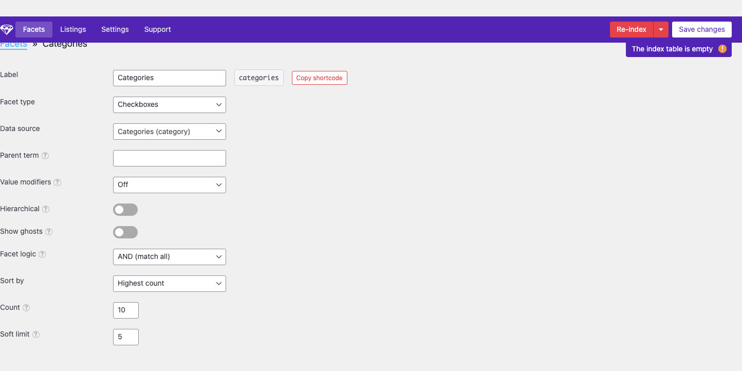 FacetWP facet configuration FacetWP facet configuration screen with Label, Name, Facet type Checkboxes, Data source Categories, Parent term, Value modifiers, Hierarchical toggle, Show ghosts toggle, Facet logic AND, Sort by, Count, Soft limit settings
