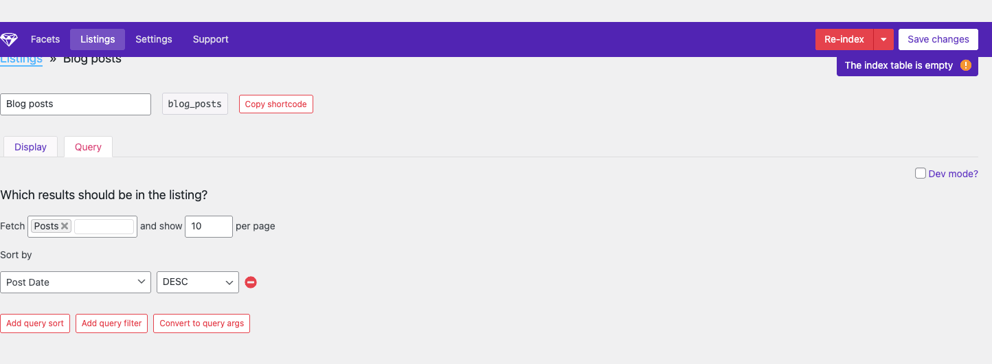 FacetWP Listing Builder Query tab FacetWP Listing Builder Query tab with Fetch Posts and show 10 per page, Sort by Post Date DESC, plus Add query sort, Add query filter, and Convert to query args buttons