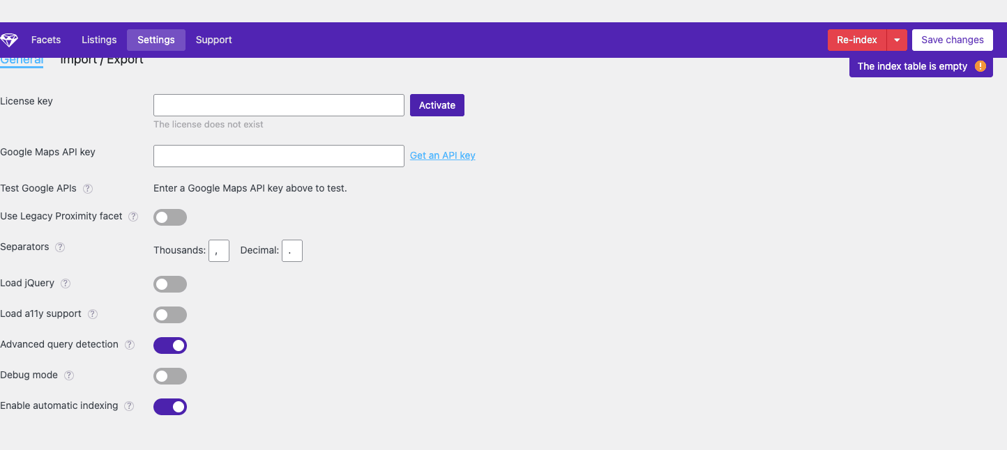 FacetWP Settings tab FacetWP Settings tab with License key, Google Maps API key, Use Legacy Proximity facet, Separators, Load jQuery, Load a11y support, Advanced query detection, Debug mode, Enable automatic indexing toggles