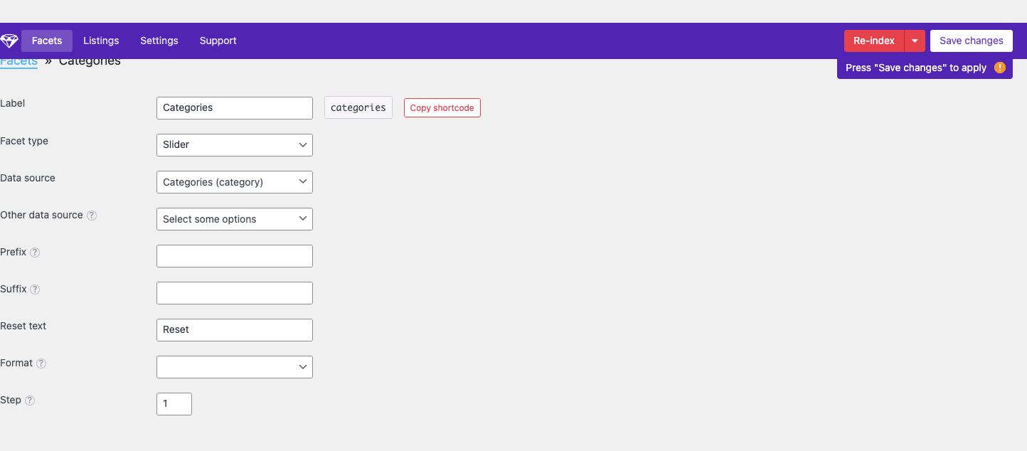 FacetWP Slider facet config FacetWP facet config with Date Range type selected showing Fields to show, Display format options