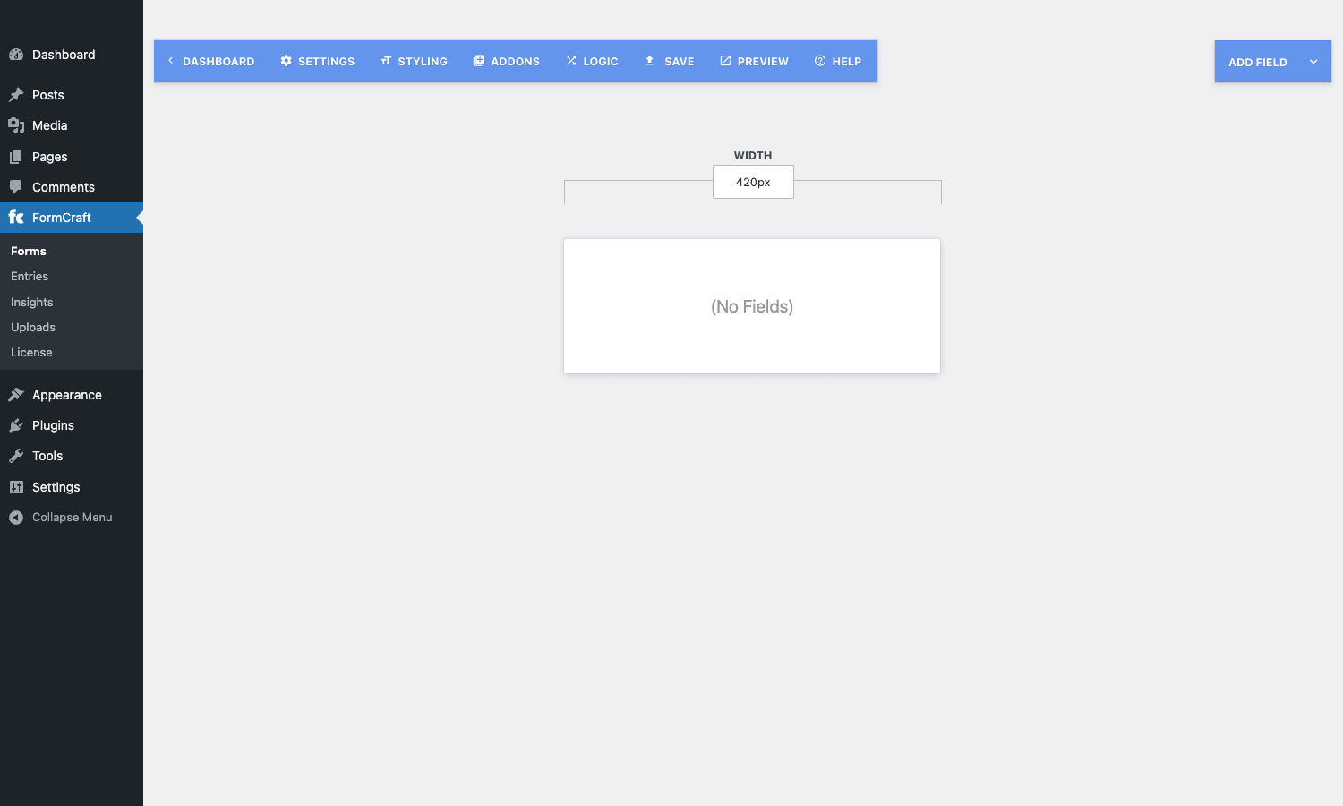 FormCraft builder canvas with empty form card FormCraft form builder canvas with the SETTINGS, STYLING, ADDONS, LOGIC, SAVE, PREVIEW, HELP toolbar and ADD FIELD button.
