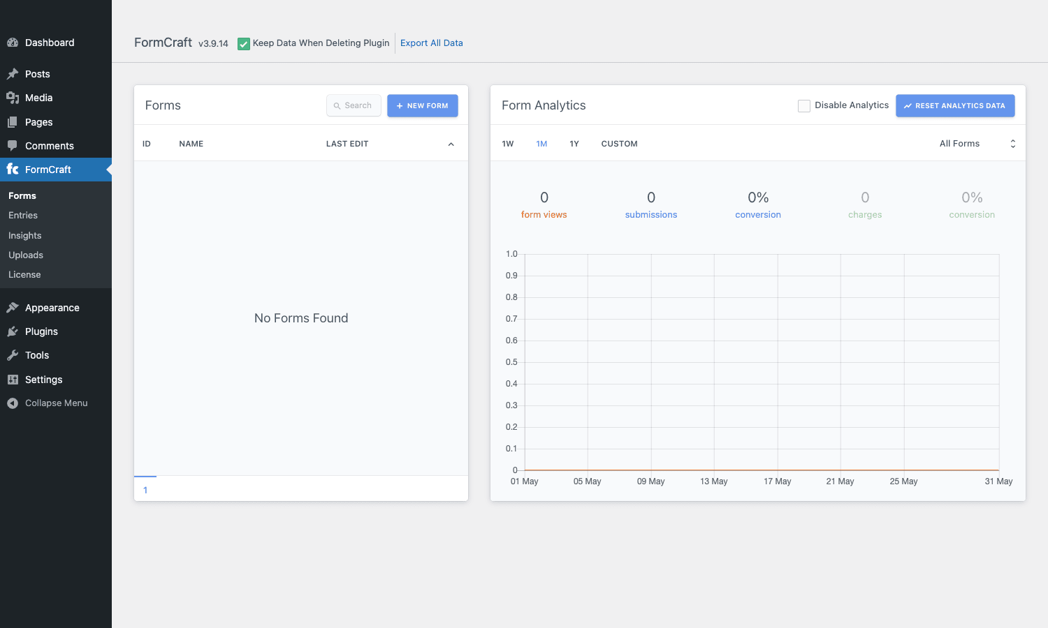 FormCraft dashboard with empty forms table and analytics panel FormCraft dashboard showing the Forms table on the left and the Form Analytics panel with 1W, 1M, 1Y, Custom filters on the right.